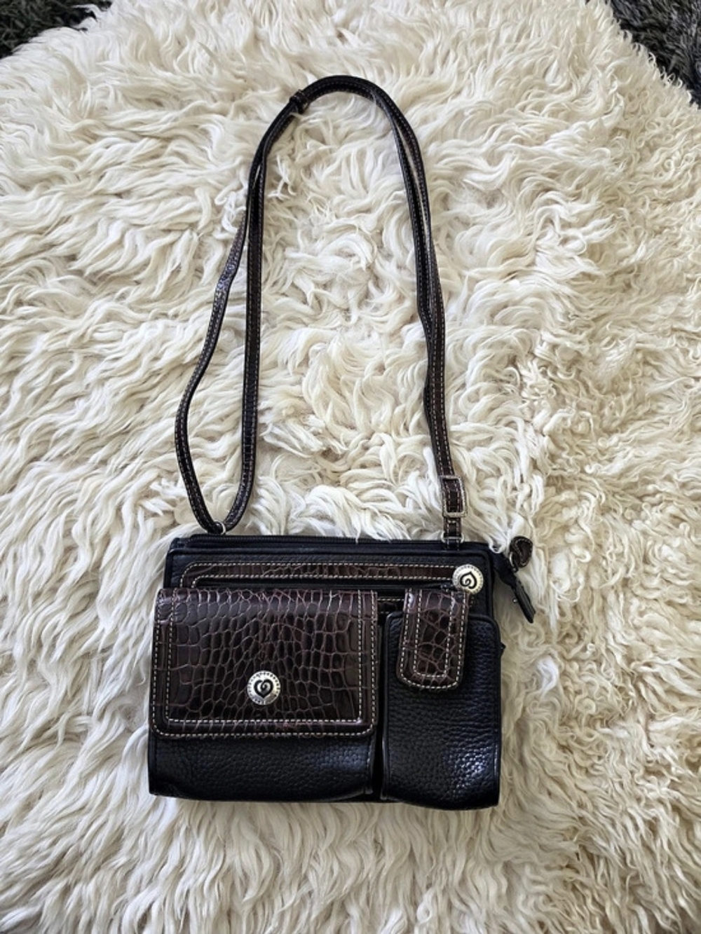 BRIGHTON Hudson Vintage Crossbody Organizer Black Pebbled Leather w Brown.